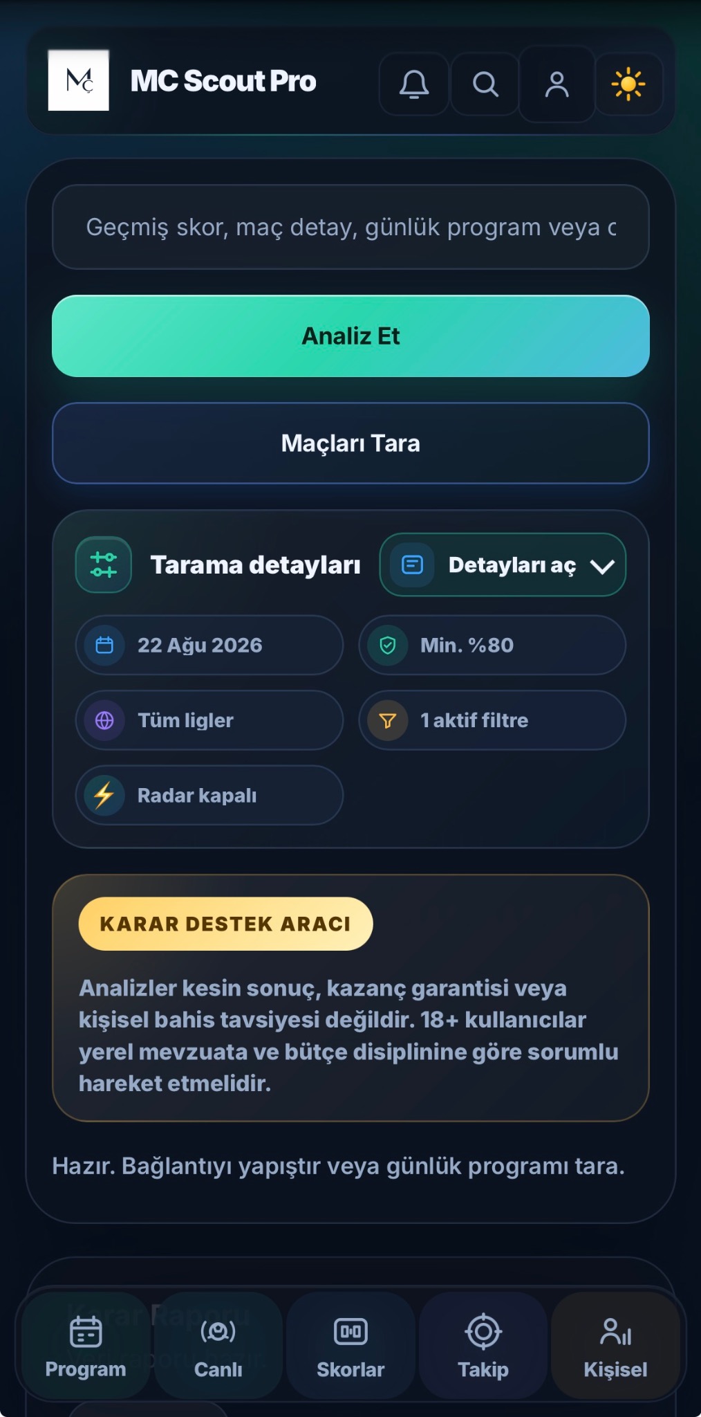 MC Scout Pro analiz arama mobil ekranı